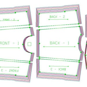 Pu&ograve; includere: Un disegno tecnico di un modello di cucito, con pezzi etichettati "FRONT", "BACK" e "SLEEVE". Il modello mostra pi&ugrave; taglie, indicate dalle linee sovrapposte e dalle frecce direzionali. Il testo "FRONT - 2", "BACK - 2", "FRONT - 1", "BACK - 1", "FRONT - 3", "BACK - 3", "SLEEVE 2" e "SLEEVE 1" &egrave; visibile.