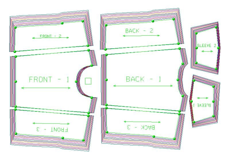 Pu&ograve; includere: Un disegno tecnico di un modello di cucito, con pezzi etichettati "FRONT", "BACK" e "SLEEVE". Il modello mostra pi&ugrave; taglie, indicate dalle linee sovrapposte e dalle frecce direzionali. Il testo "FRONT - 2", "BACK - 2", "FRONT - 1", "BACK - 1", "FRONT - 3", "BACK - 3", "SLEEVE 2" e "SLEEVE 1" &egrave; visibile.