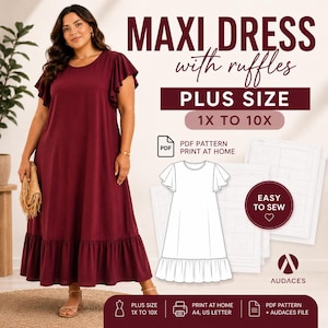 Puede incluir: Un vestido largo burdeos con volantes, talla grande 1X a 10X. La imagen incluye un patrón de vestido y el texto "MAXI DRESS with ruffles PLUS SIZE 1X TO 10X". El patrón es fácil de coser e imprimir en casa.