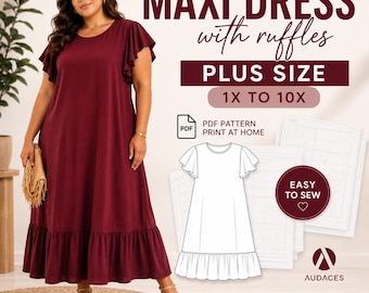WZÓR DO SZYCIA sukienki maxi w dużym rozmiarze w formacie PDF | Rozmiary 1X–10XL | Łatwy druk w domu | A0, A4 i US Letter | Natychmiastowe pobranie
