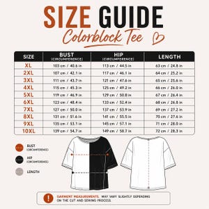 Pu&ograve; includere: Guida alle taglie per una t-shirt colorblock, con misure di busto, fianchi e lunghezza in centimetri e pollici. La tabella delle taglie va dalla XL alla 10XL. L'immagine mostra anche un diagramma della t-shirt.