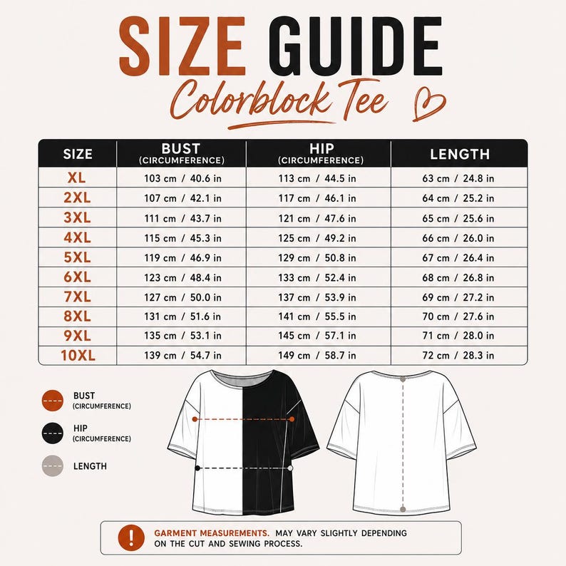 Pu&ograve; includere: Guida alle taglie per una t-shirt colorblock, con misure di busto, fianchi e lunghezza in centimetri e pollici. La tabella delle taglie va dalla XL alla 10XL. L'immagine mostra anche un diagramma della t-shirt.
