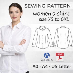 Puede incluir: Una camisa blanca con mangas largas y botones. La imagen presenta un patrón de costura para una camisa de mujer, tallas XS a 6XL. El patrón está disponible en formatos A0, A4 y US Letter. Incluye el logotipo de Audaces y un icono PDF.