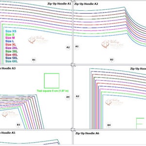 May include: A diagram for a zip-up hoodie pattern, featuring various sizes from XS to 6XL. The pattern includes a test square of 5 cm (1.97 in) for scale and is labeled with the text "Zip-Up Hoodie".
