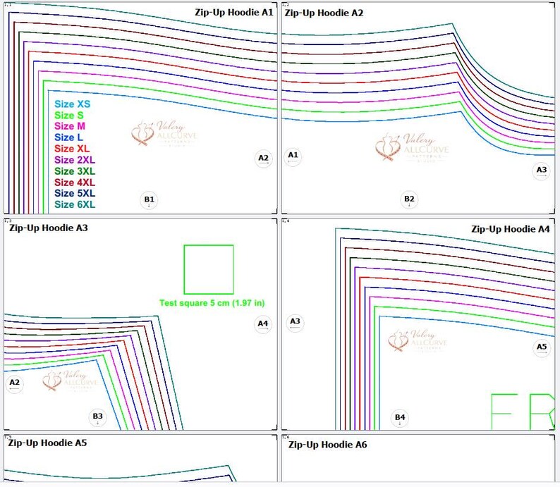 May include: A diagram for a zip-up hoodie pattern, featuring various sizes from XS to 6XL. The pattern includes a test square of 5 cm (1.97 in) for scale and is labeled with the text "Zip-Up Hoodie".