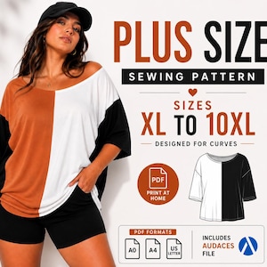 Pu&ograve; includere: Una donna indossa un top a blocchi di colore e pantaloncini neri. Il top &egrave; diviso verticalmente, con un lato marrone e l'altro bianco. L'immagine include il testo "PLUS SIZE SEWING PATTERN" e "SIZES XL TO 10XL".