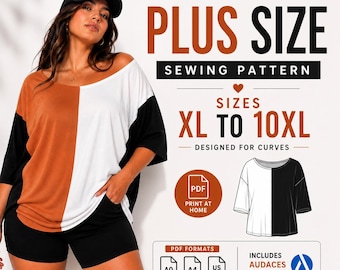 Wykrój na koszulkę oversize w dużym rozmiarze XL–10XL | Wzór do szycia w formacie PDF do druku | Bluzka w blokach kolorów | Format A0, A4, US Letter