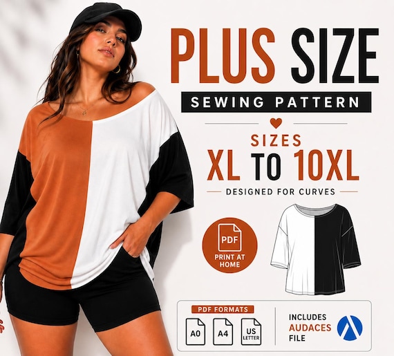 Plus Size Oversized Tee Pattern XL–10XL | Printable PDF Sewing Pattern | Colorblock Top | A0 A4 US Letter