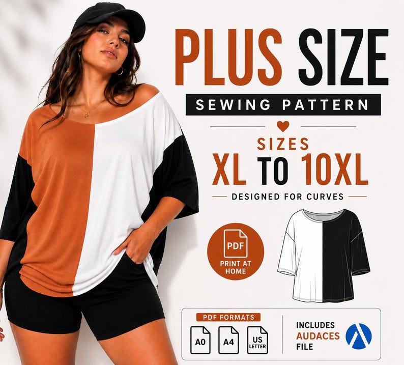 Pu&ograve; includere: Una donna indossa un top a blocchi di colore e pantaloncini neri. Il top &egrave; diviso verticalmente, con un lato marrone e l'altro bianco. L'immagine include il testo "PLUS SIZE SEWING PATTERN" e "SIZES XL TO 10XL".