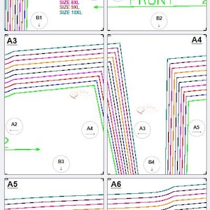 Pu&ograve; includere: Diagramma di un modello di cucito con pi&ugrave; linee colorate e testo che indica le taglie da XL a 10XL. Le parole "FRONT" e "BACK" sono visibili, insieme a frecce ed etichette.