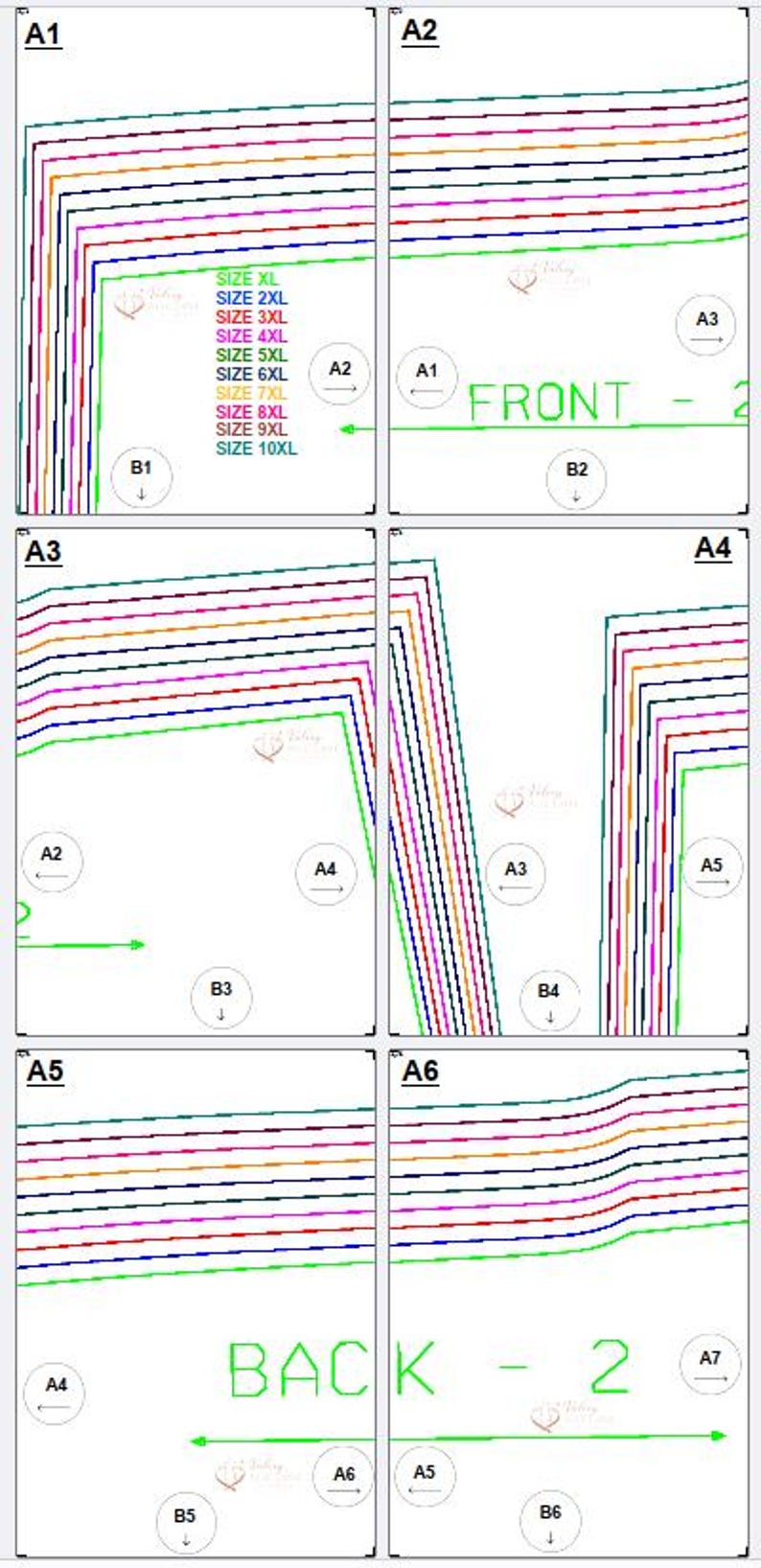 Pu&ograve; includere: Diagramma di un modello di cucito con pi&ugrave; linee colorate e testo che indica le taglie da XL a 10XL. Le parole "FRONT" e "BACK" sono visibili, insieme a frecce ed etichette.