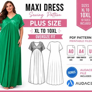 May include: A green maxi dress sewing pattern for plus sizes XL to 10XL. The digital product includes PDF printable files in A0, A4, and US letter sizes, an oversize fit design, and an Audaces file. The pattern features a V-neckline.