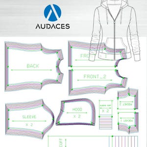 May include: A technical drawing of a hooded sweatshirt with a zipper, alongside pattern pieces labeled "BACK", "FRONT", "SLEEVE", "HOOD", "CUFF", and "POCKET". The brand logo "AUDACES" is at the top.