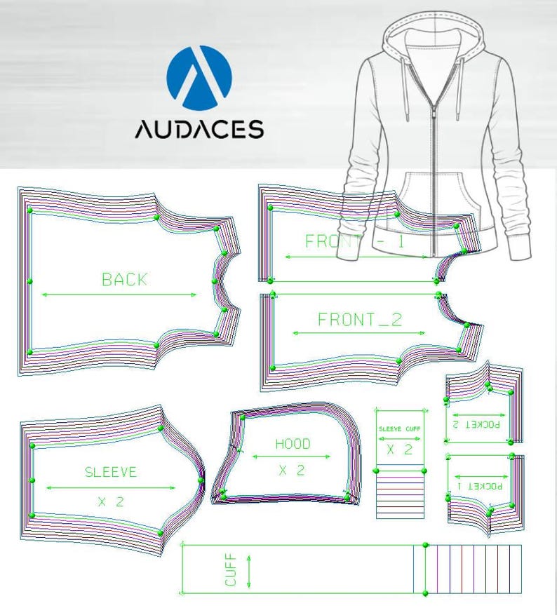 May include: A technical drawing of a hooded sweatshirt with a zipper, alongside pattern pieces labeled "BACK", "FRONT", "SLEEVE", "HOOD", "CUFF", and "POCKET". The brand logo "AUDACES" is at the top.