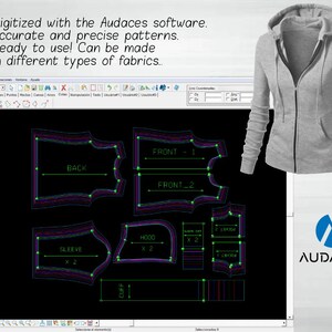 May include: A gray zip-up hoodie with a hood, displayed next to a computer screen showing a pattern design. The screen displays a pattern layout with labels like "BACK" and "SLEEVE". The text on the screen says "Digitized with the Audaces software. Accurate and precise patterns. Ready to use! Can be made in different types of fabrics."