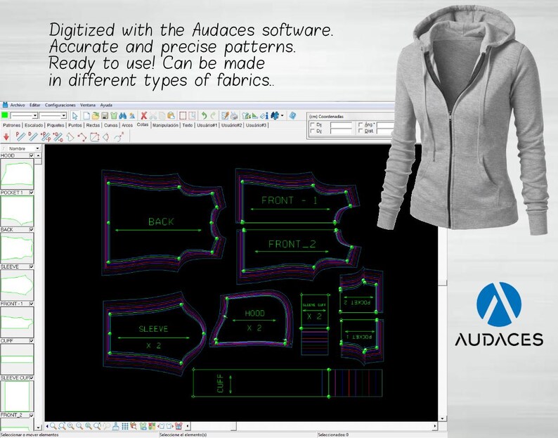May include: A gray zip-up hoodie with a hood, displayed next to a computer screen showing a pattern design. The screen displays a pattern layout with labels like "BACK" and "SLEEVE". The text on the screen says "Digitized with the Audaces software. Accurate and precise patterns. Ready to use! Can be made in different types of fabrics."