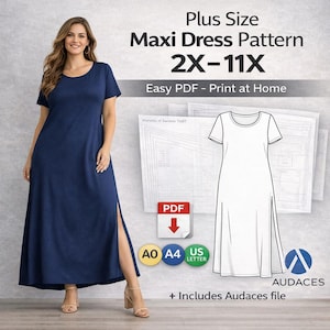 Puede incluir: Un vestido largo azul marino de manga corta con aberturas laterales. La imagen incluye el texto: Plus Size Maxi Dress Pattern 2X-11X, Easy PDF - Print at Home, PDF, A0, A4, US Letter, Includes Audaces file, y un dibujo técnico.