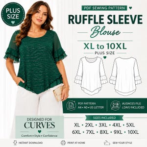 Puede incluir: Un patrón de costura en PDF para una blusa con mangas de volantes en tallas de XL a 10XL. La imagen muestra una blusa verde oscuro con un patrón texturizado y mangas superpuestas, junto a un dibujo técnico del frente y la espalda.