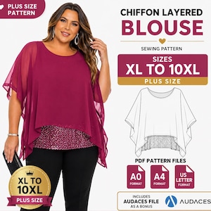 Puede incluir: Un patrón de costura para una blusa de capas de gasa en tallas XL a 10XL. La imagen muestra una blusa color burdeos con una capa inferior de lentejuelas y mangas transparentes, junto a un dibujo técnico y los iconos de archivos PDF A0, A4 y US Letter.