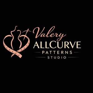 May include: Logo for Valery Allcurve Patterns Studio. The logo features a stylized dress form within a heart shape, with a measuring tape forming the heart's outline. The text is in a soft, rose gold color against a black background.