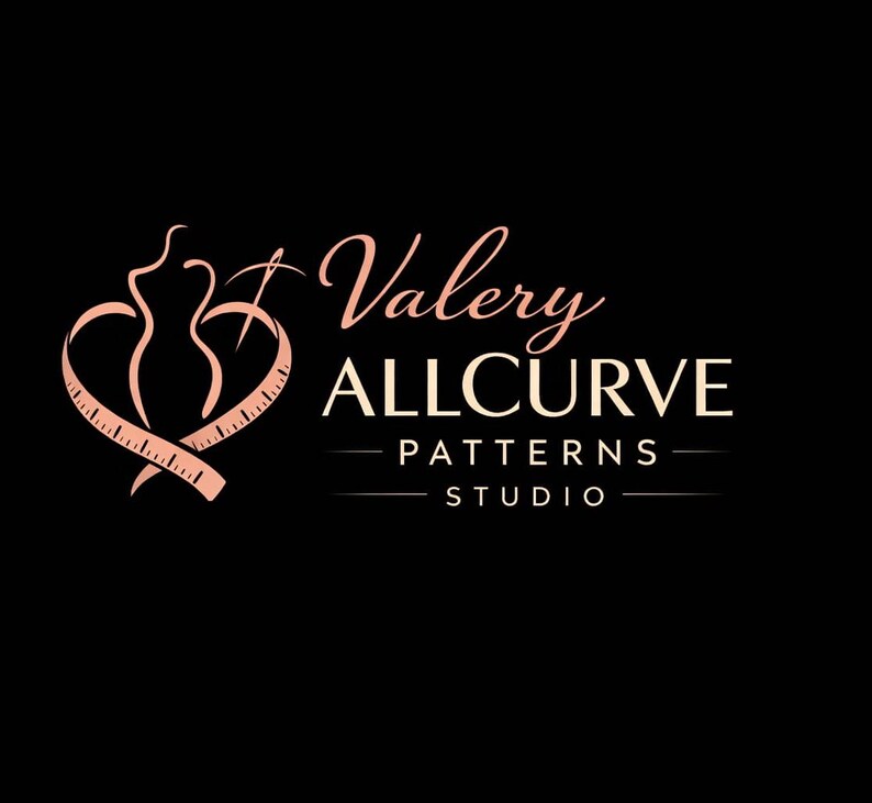 May include: Logo for Valery Allcurve Patterns Studio. The logo features a stylized dress form within a heart shape, with a measuring tape forming the heart's outline. The text is in a soft, rose gold color against a black background.