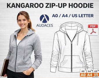 Wykrój bluzy z kapturem typu kangur zapinanej na zamek od XS do 6XL | Wykrój do szycia w formacie PDF + Audaces | Format A0, A4, US Letter | Natychmiastowe pobranie