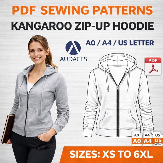 Zip-Up Kangaroo Hoodie Pattern XS to 6XL | PDF Sewing Pattern + Audaces | A0 A4 US Letter | Instant Download