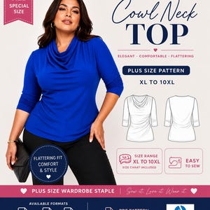 Könnte beinhalten: Eine Frau präsentiert ein königsblaues Oberteil mit Wasserfallausschnitt, Teil eines Schnittmusters für Übergrößen. Das Bild enthält den Text "Cowl Neck TOP" und "XL to 10XL". Das Muster verspricht eine elegante, bequeme und schmeichelhafte Passform mit einfachen Nähanweisungen.