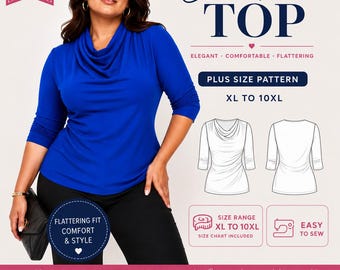 Wzór PDF na bluzkę z golfem w specjalnym rozmiarze | Wzór do szycia w dużych rozmiarach XL-10XL | Łatwa do uszycia bluzka damska | Natychmiastowe pobranie