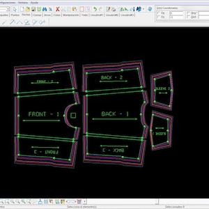 Pu&ograve; includere: Uno schermo di computer mostra un layout di modello digitale per la costruzione di capi di abbigliamento. Il design presenta vari pezzi di abbigliamento etichettati 'FRONT', 'BACK' e 'SLEEVE', delineati in linee rosse, viola e verdi su sfondo nero.