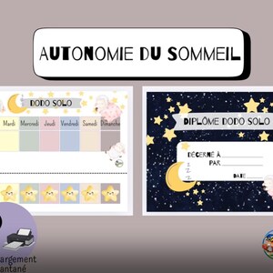 Peut inclure: Deux tableaux imprimables et un certificat sur le thème du sommeil. Les tableaux ont une palette de couleurs pastel avec des illustrations de moutons et d'étoiles. Le certificat a un fond bleu foncé avec des étoiles dorées et une lune.