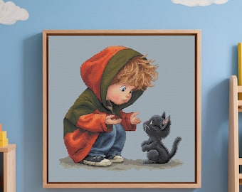 Boy and Kitten Cross Stitch Pattern  (PDF, Saga Format)