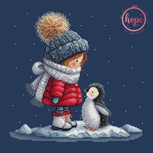 Op de afbeelding: Een kruissteekontwerp toont een kind in een rode jas, blauwe muts en sjaal, staand met een pinguïn op een besneeuwd oppervlak. De afbeelding heeft een donkerblauwe achtergrond met vallende sneeuw en de tekst "Hope on the Hoop".