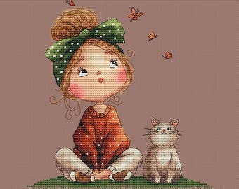Cute Girl & Butterfly Cross Stitch Pattern (PDF, Saga Format)