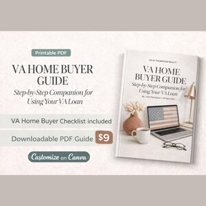 May include: A promotional image for a downloadable PDF guide titled "VA Home Buyer Guide." The guide, with the text "Step-by-Step Companion for Using Your VA Loan," is displayed next to a laptop with an American flag on the screen.