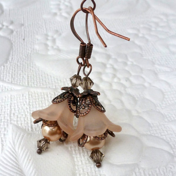 Lucite Flower Earrings Dangle Drop - Vintage Style - Copper - Cafe Latte, Light Brown - Wedding Bridesmaid Earrings Jewelry