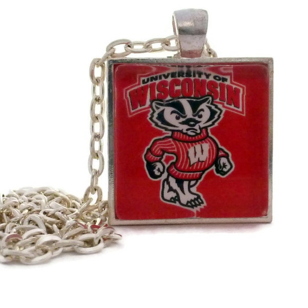 Wisconsin Badgers Pendant Necklace, WI Badger, Bucky Badger Glass Pendant, Wisconsin Badgers Fan,  Sister Gift Wife Gift Girlfriend Gift