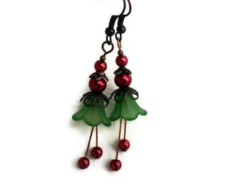 Christmas Earrings, Holiday Earrings, Lucite Flower Earrings, Vintage Christmas Earrings, Green Red Earrings, Coworker Gift,  Teacher Gift