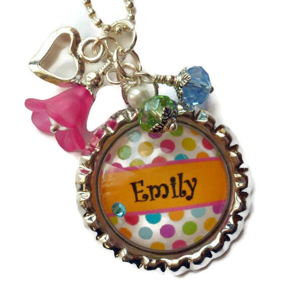 Personalized Girls Necklace, Childrens Jewelry, Polka Dot Girls Name Necklace, Glass Bottlecap, Niece, Daughter, Granddaughter Birthday Gift