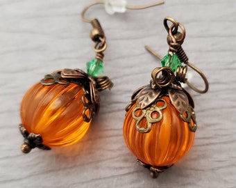 Pumpkin Earrings Halloween Earrings Copper Fall Earrings Holiday Earrings Thanksgiving Earrings Holiday Jewelry Lucite Pumpkin Teacher Gift