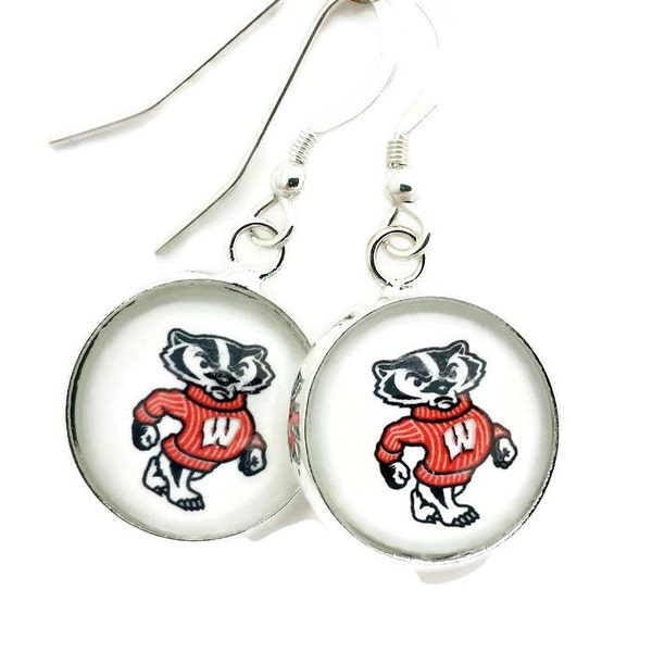 Wisconsin Badger Earrings, Bucky Badger Earrings WI Badger Earrings Jewelry, Wisconsin Jewelry, Round Glass Tile, Gift for BFF