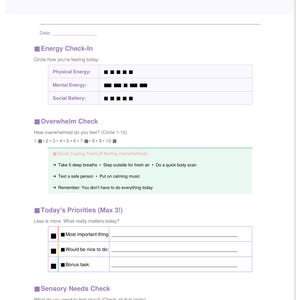 May include: A Neurodivergent-Friendly Planner with a purple header. The planner includes sections for energy check-in, overwhelm check, today's priorities, and sensory needs check. It offers gentle structure and flexible routines.