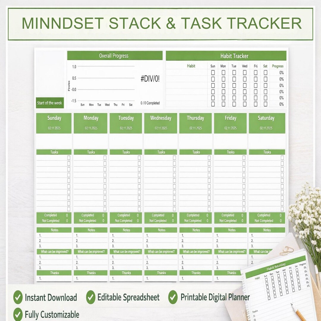 Mindsetstack Excel Mindset Stack & Task Tracker Printable | Weekly Habit Tracker Planner ...