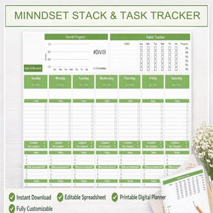Könnte beinhalten: Ein digitaler Planer mit dem Titel "MINNDSET STACK & TASK TRACKER" in Grün und Weiß. Er enthält Abschnitte für den Gesamtfortschritt, einen Gewohnheitstracker und tägliche Aufgabenlisten. Der Planer ist vollständig anpassbar und sofort zum Download verfügbar.