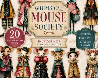 Whimsical Mouse Society Paper Dolls Printable Mouse Cutouts PNG PDF Junk Journal Ephemera Collage Scrapbook