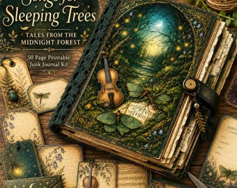 Junk Journal Kit, Songs for Sleeping Trees ,  Midnight Forest Series, Woodland Insect Orchestra Printable Ephemera PNG PDF