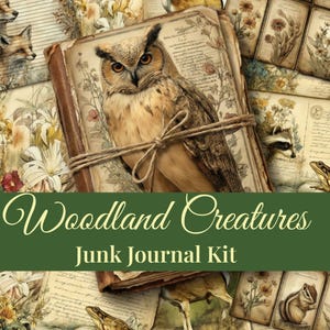 May include: A vintage-style junk journal kit with an owl illustration on a book cover, tied with twine. The image includes various woodland creatures and botanical elements, with the text "Woodland Creatures Junk Journal Kit" on a green banner.