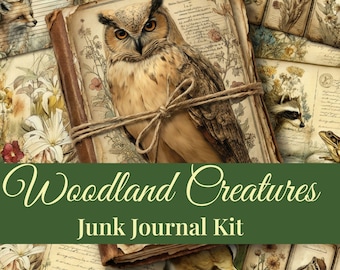 May include: A junk journal kit featuring a collection of vintage-style papers with illustrations of an owl, foxes, a raccoon, a frog, and a chipmunk, accented by floral patterns and cursive script text, all tied together with a brown twine string.