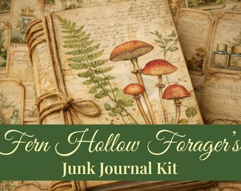 May include: A junk journal kit featuring a bound book with a cover illustration of a green fern and orange mushrooms over a background of vintage-style paper ephemera. The book is tied with twine and surrounded by various printed paper tags and cards.