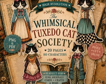 Tuxedo Cat Clipart, Whimsical Victorian Cats, Junk Journal Printable, Scrapbook Ephemera, Digital Download PNG PDF